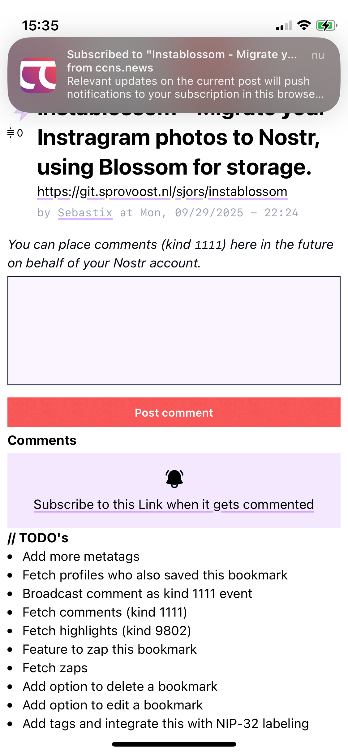 you will see this confirmation notification message that you are subscribed to receive push notifications when a new comment is published on this content.