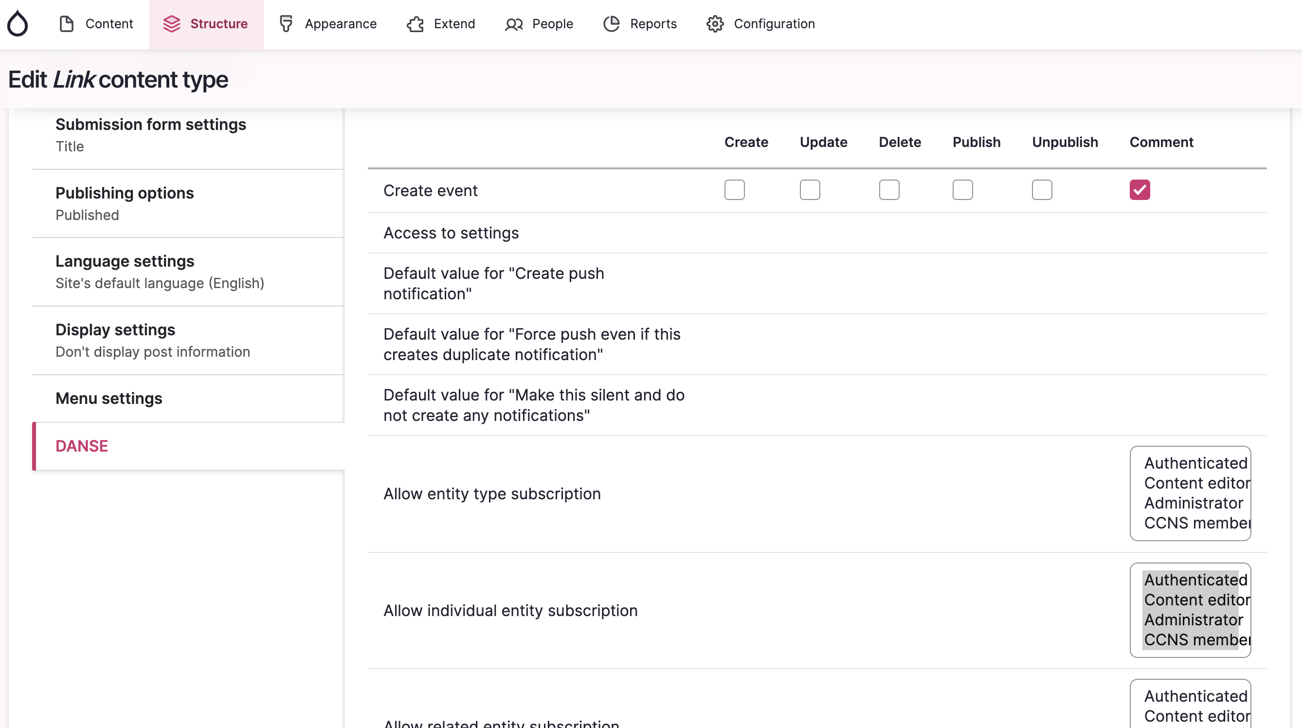 Enable to enable subscriptions for new comments placed on a individual node of content type ‘Link’ for the selected user roles.